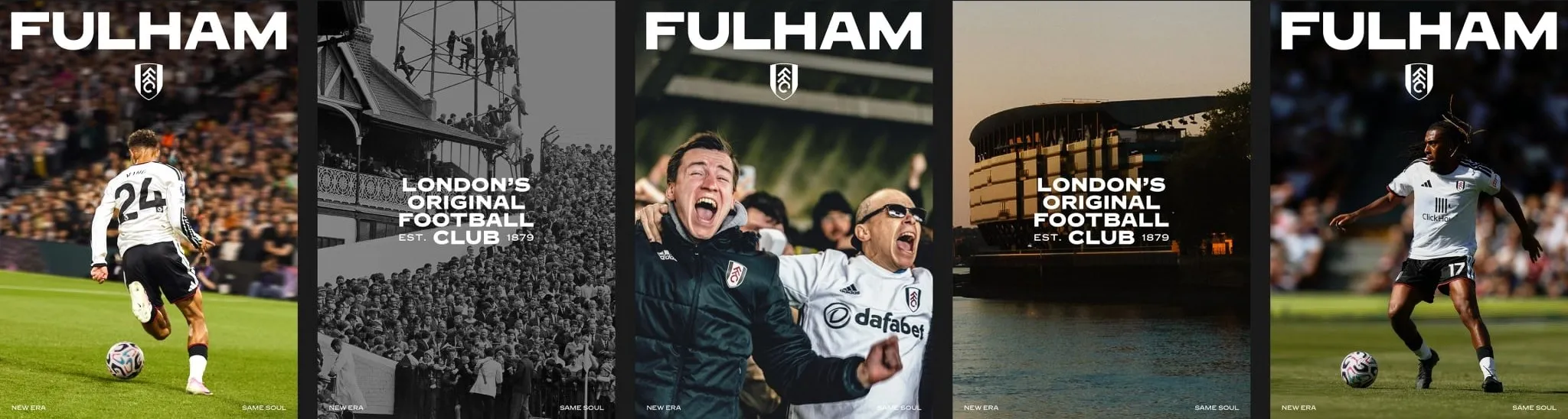 Tira con cinco carteles del Fulham: jugadores, aficionados, el estadio junto al río y una foto antigua de la grada, todos con FULHAM arriba