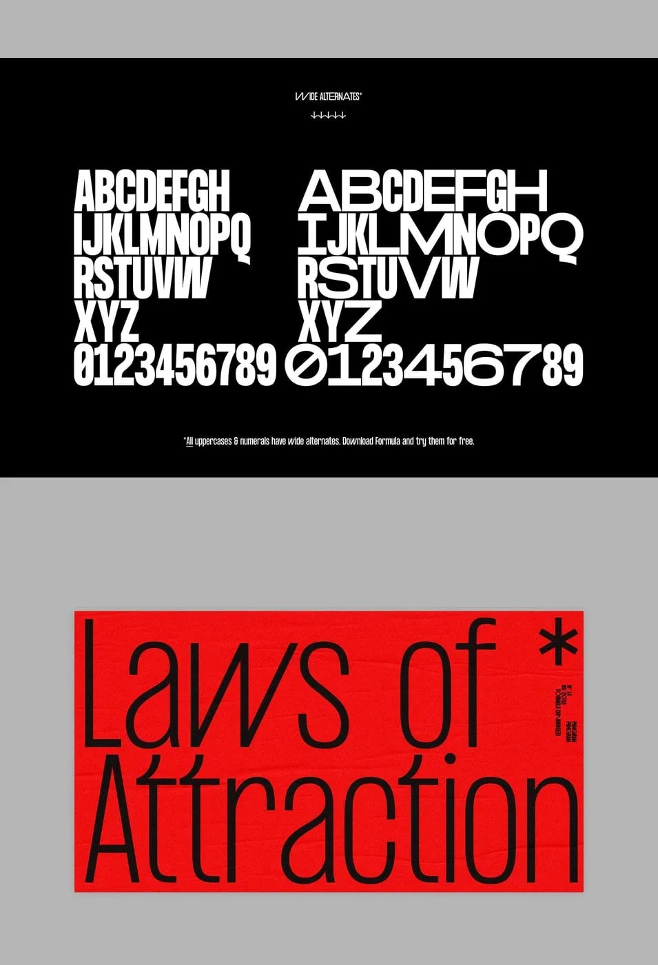 Cartel rojo con la palabra Laws of Attraction compuesta en itálica de Formula Condensed, con la t mostrando un asta curva característica