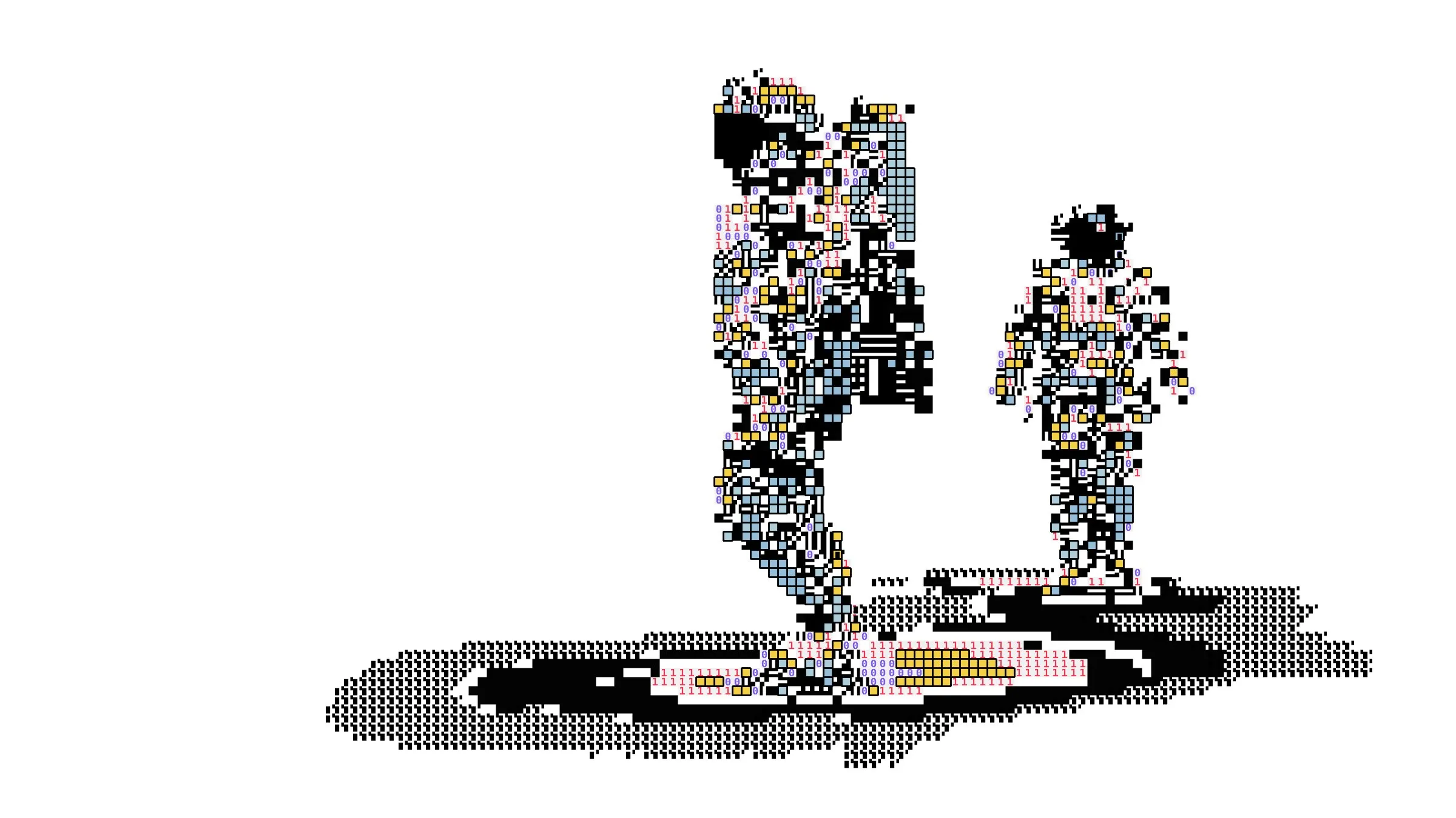 Ilustración de dos astronautas en tonos negrosy amarilos compuesto por píxeles y glifos de código sobre un fondo blanco