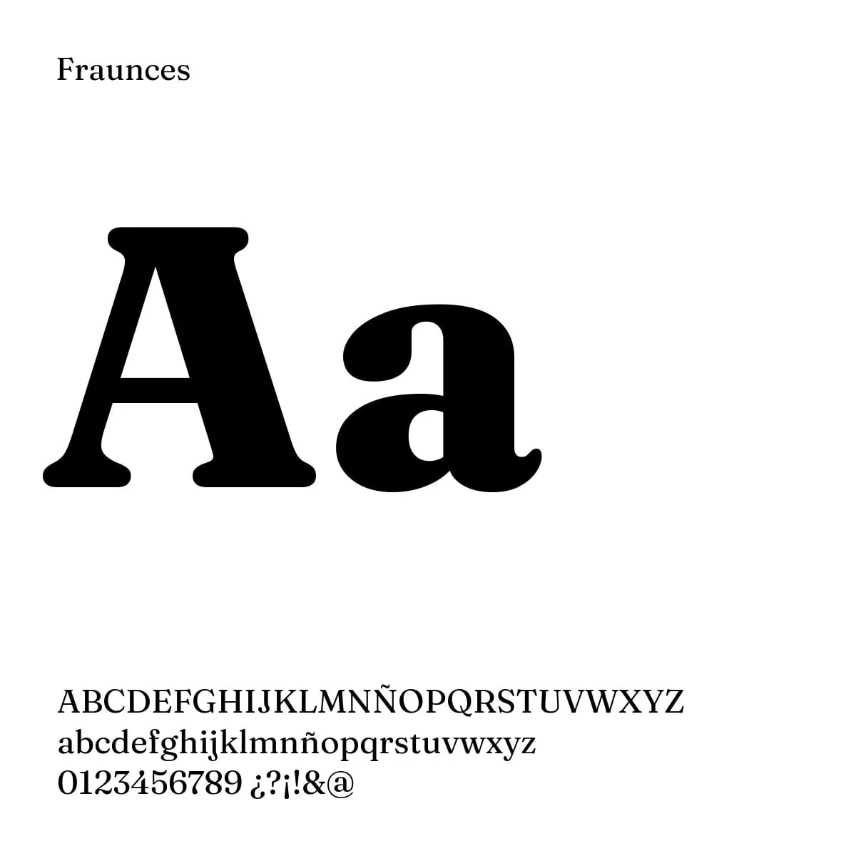 Muestra de la tipografía Fraunces: «Aa» grande en negro y el abecedario debajo