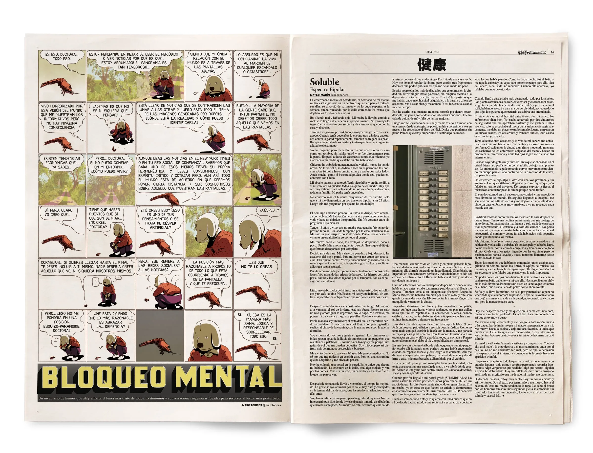 Doble página con un cómic titulado «Bloqueo mental», protagonizado por un perro que habla con una gamba, y un texto largo titulado «Soluble» en la sección de salud