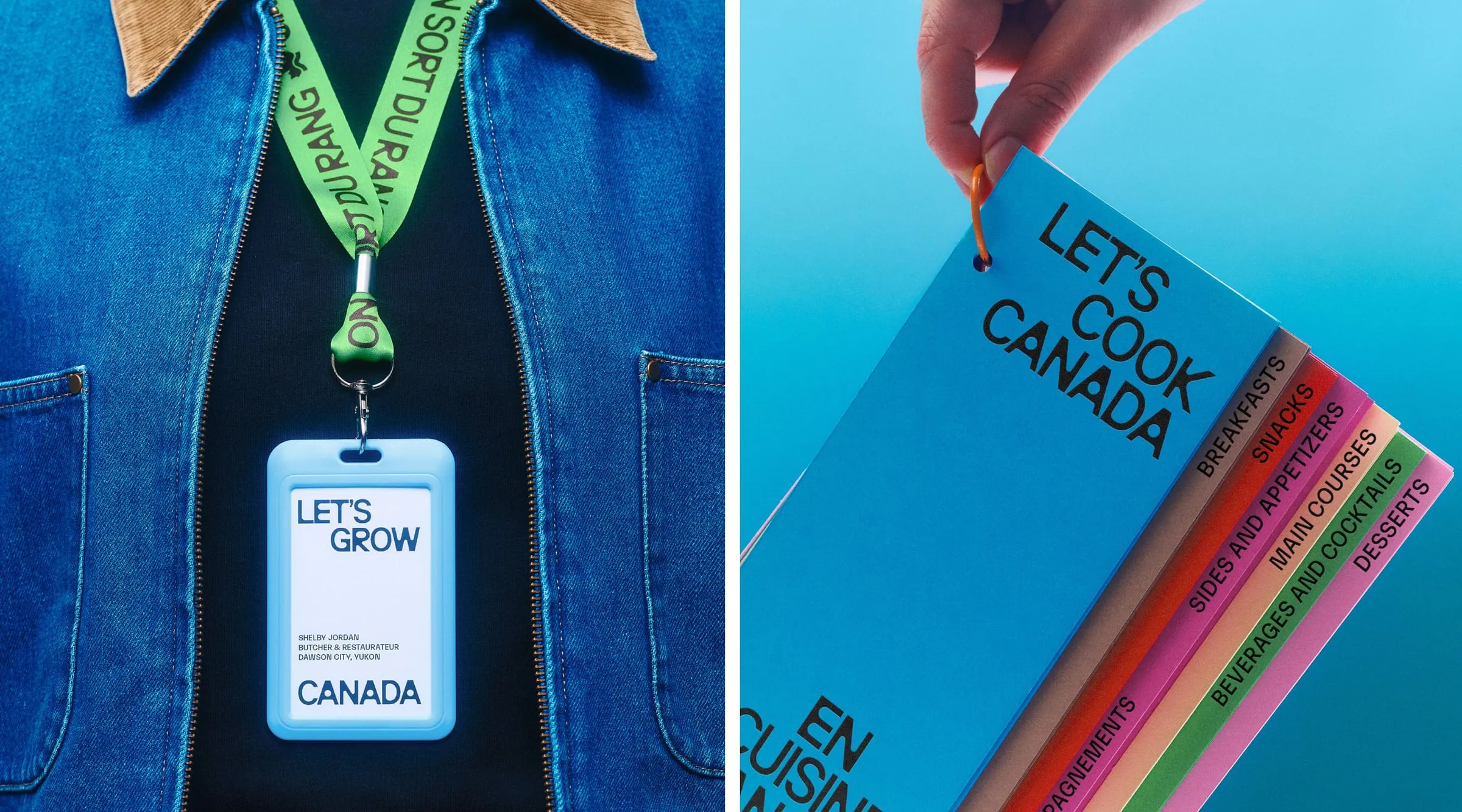 A la izquierda, una acreditación azul clara de Let’s Grow Canada colgada de una cinta verde; a la derecha, un cuaderno azul con pestañas de colores