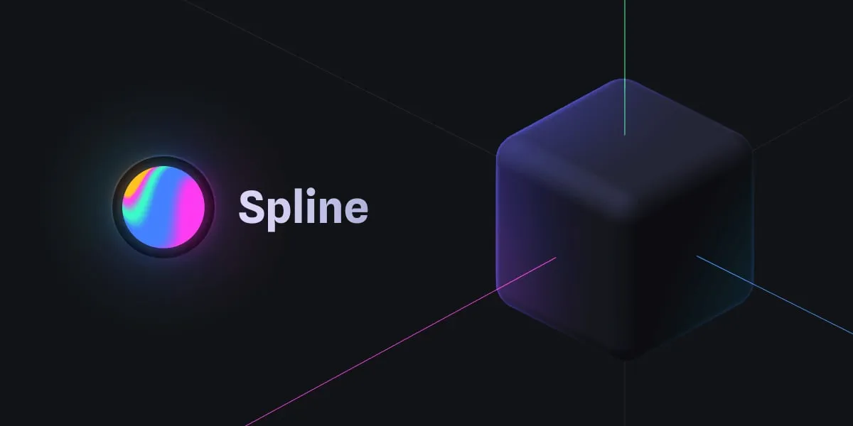 Logotipo de Spline junto a un cubo en 3D sobre fondo oscuro