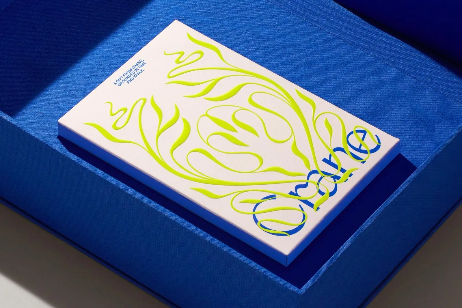Caja rígida crema con adornos de plantas en amarillo fosforito en relieve sobre una bandeja de tela azul cobalto