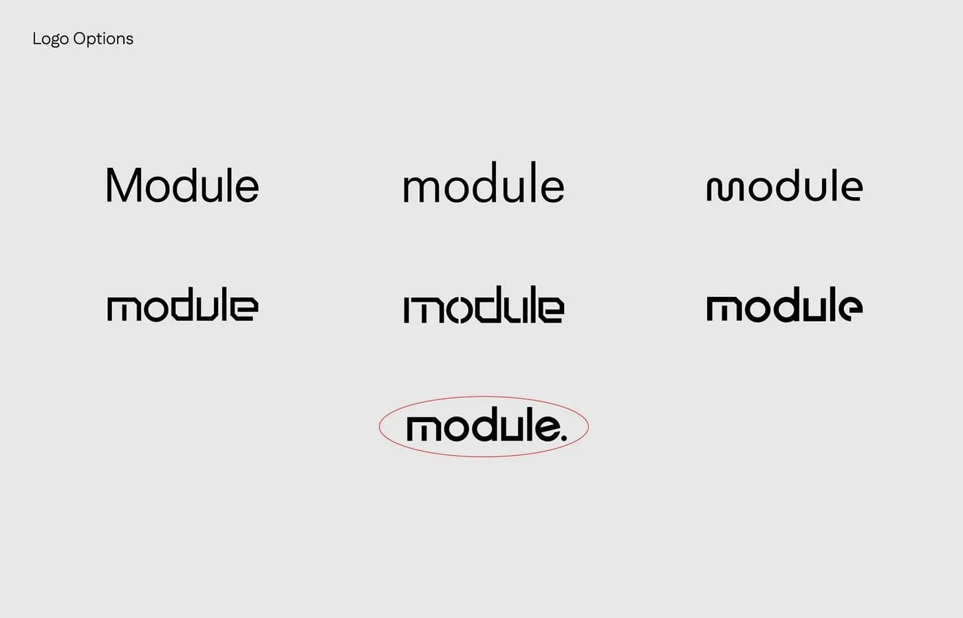 Siete versiones del logotipo de Module en negro sobre fondo gris, con una marcada con un círculo rojo