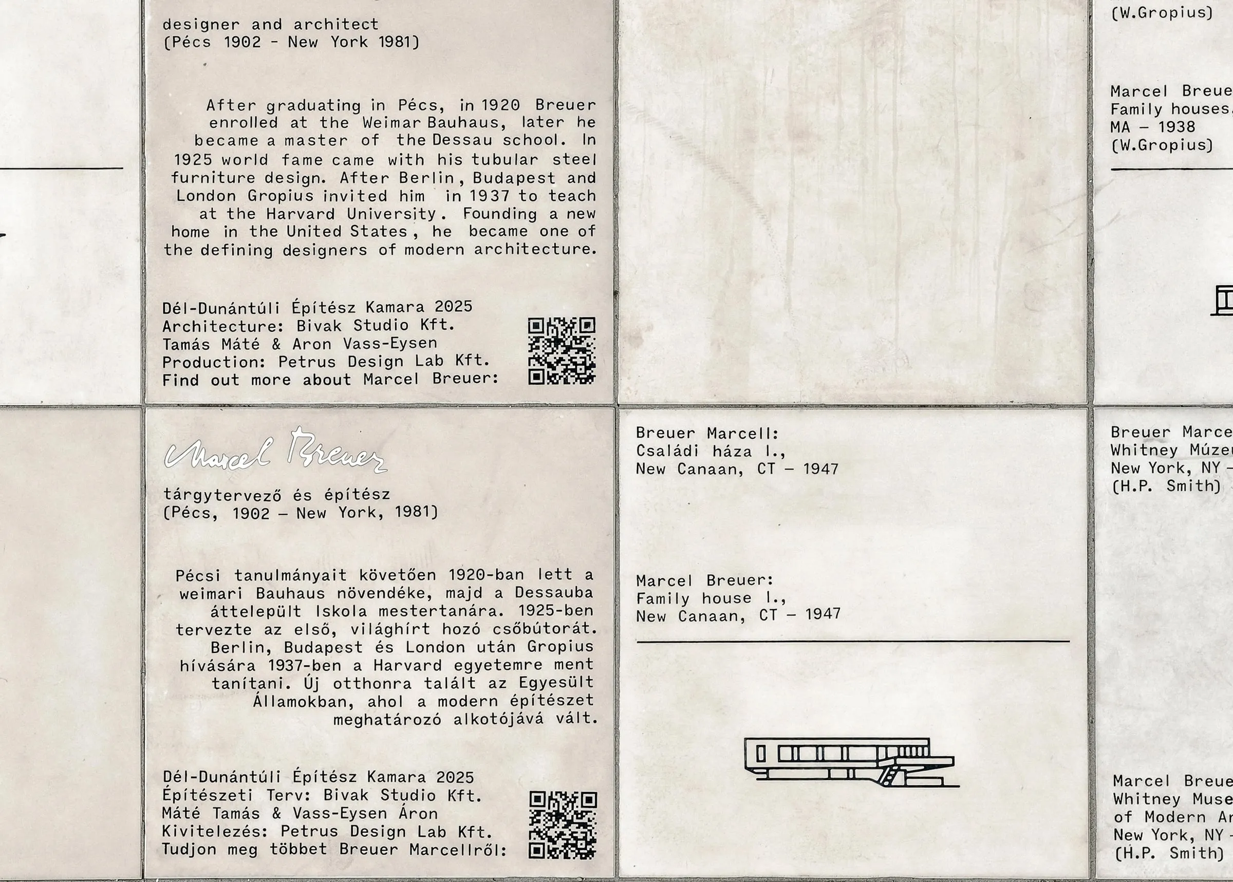 Texto sobre Breuer grabado en una baldosa, en inglés y en húngaro, con su firma y un código QR