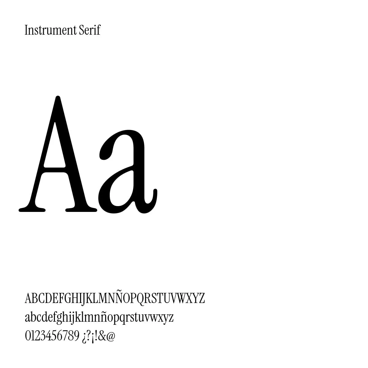 Muestra de la tipografía Instrument Serif: «Aa» alta y estrecha y el abecedario debajo
