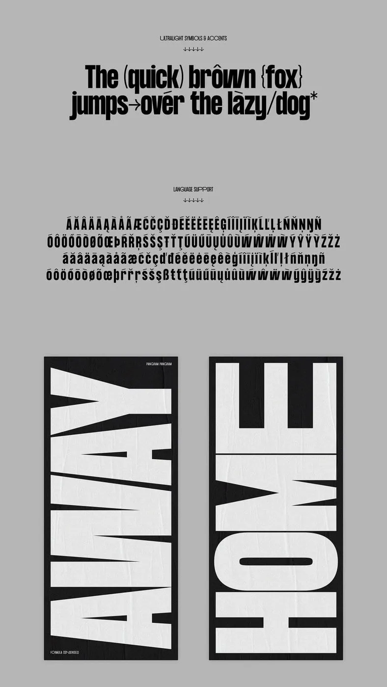 Dos carteles verticales en blanco y negro con las palabras Away y Home compuestas en Formula Condensed, sobre un fondo de papel arrugado