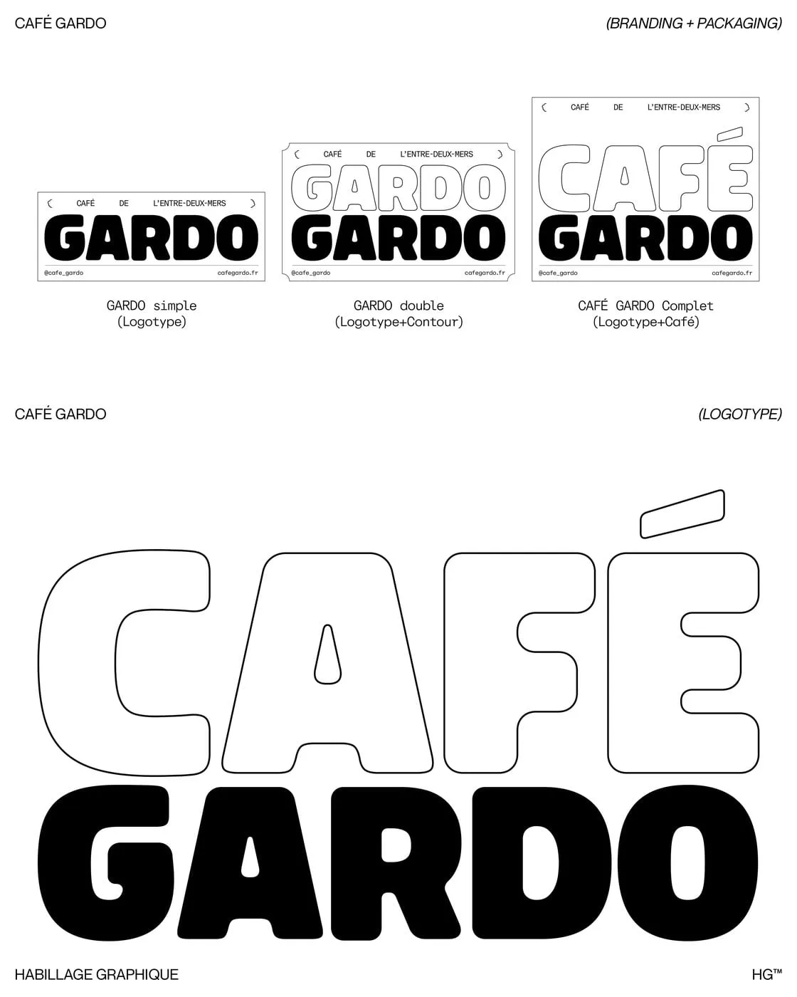 Tres versiones del logotipo de Café Gardo: GARDO solo, GARDO con contorno y CAFÉ GARDO completo