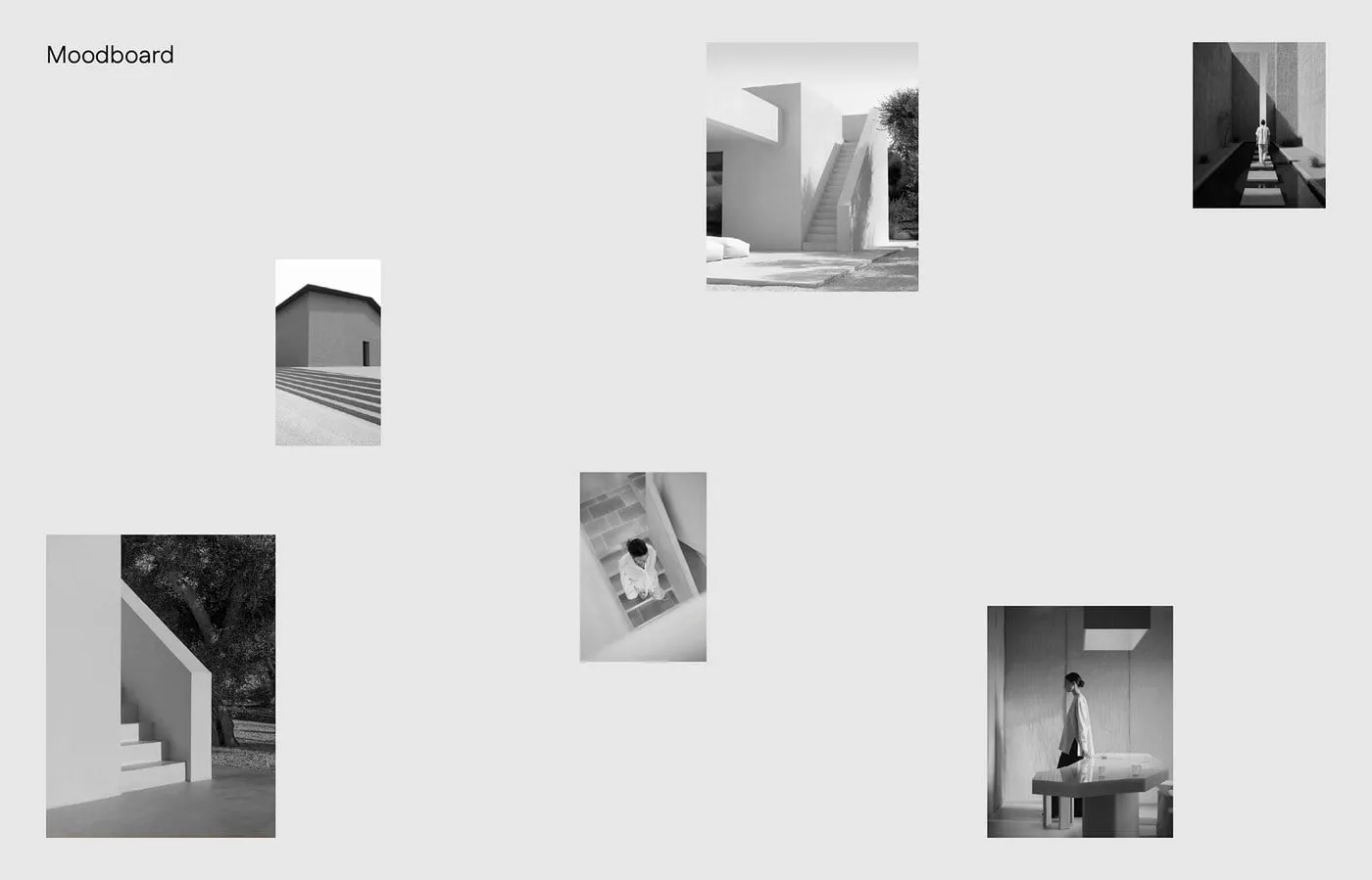 Tablero de referencias con fotos en blanco y negro de escaleras, muros y volúmenes de arquitectura