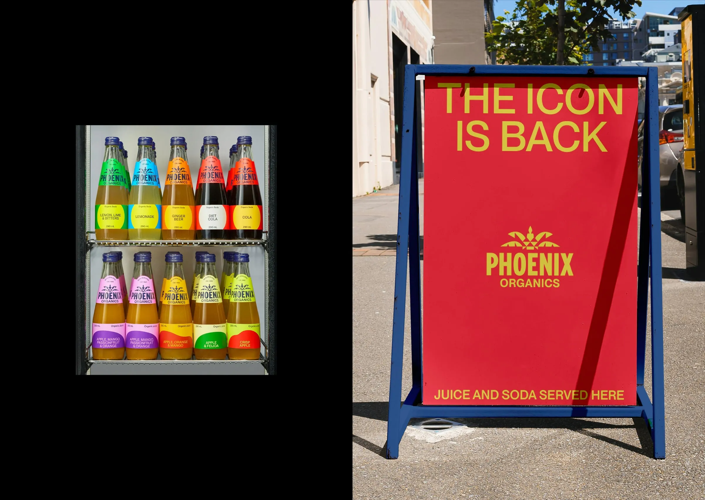 A la izquierda, nevera con dos baldas de botellas de Phoenix Organics, cada sabor con una etiqueta de un color; a la derecha, pizarra roja en la acera con el lema «The icon is back»