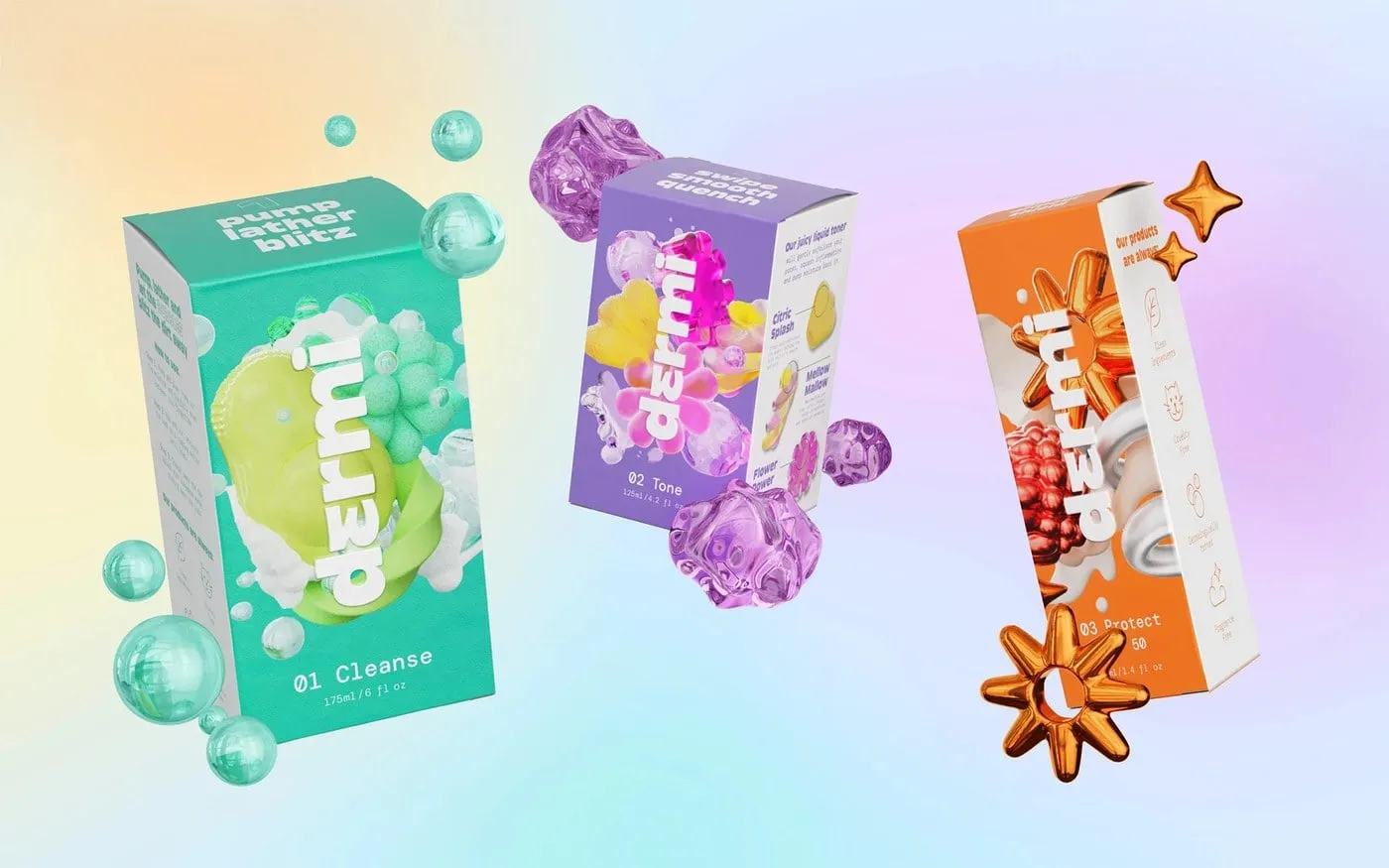 Tres cajas de Dermi en verde, morado y naranja flotando entre emblemas 3D de fruta, flores y burbujas sobre un fondo de degradado pastel