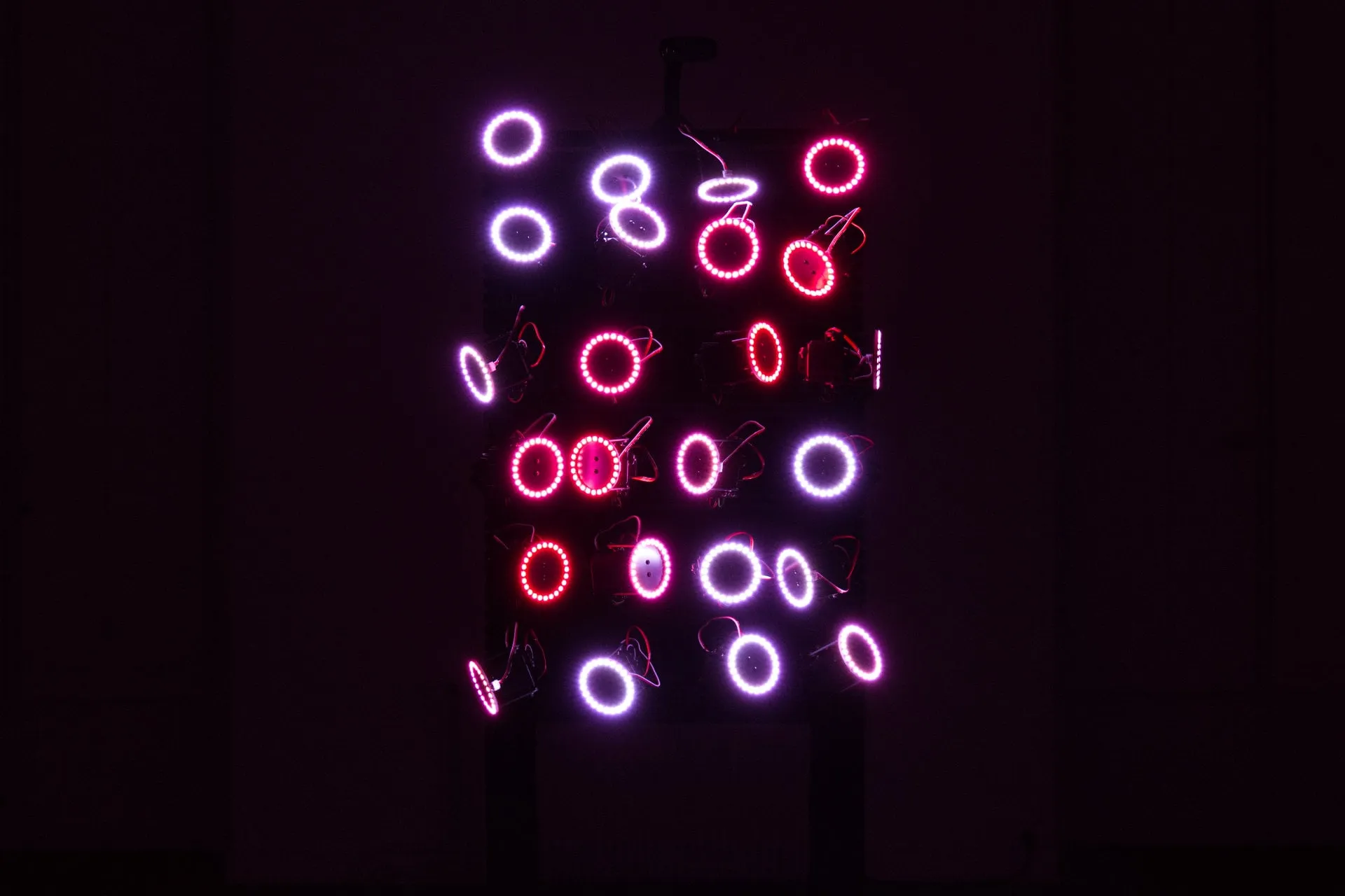 Veinticuatro anillos de luz blancos y rojos flotando en la oscuridad, cada uno inclinado en una dirección distinta, sobre dos soportes negros