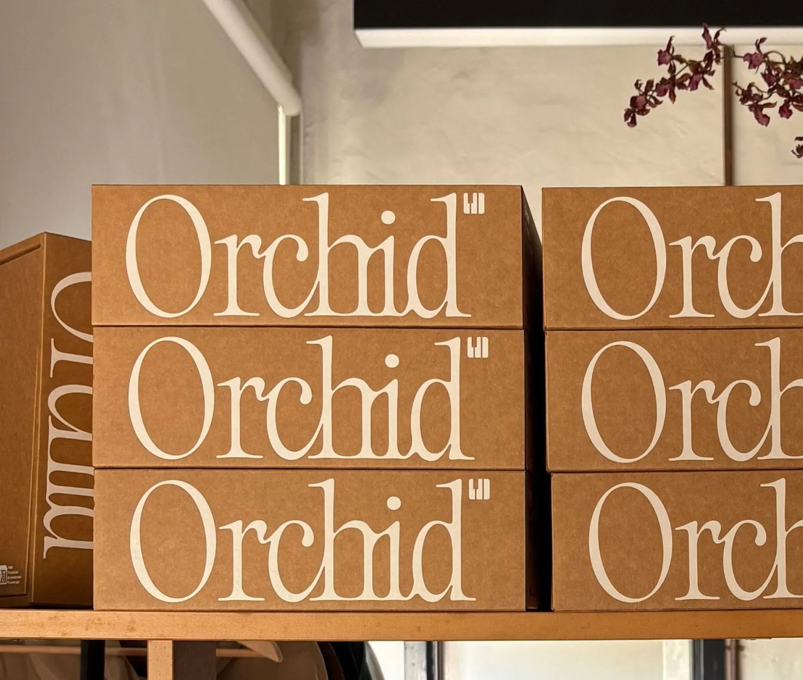 Seis cajas de cartón kraft apiladas en una estantería, con el logotipo Orchid en letras blancas de trazo fino que se funden entre sí