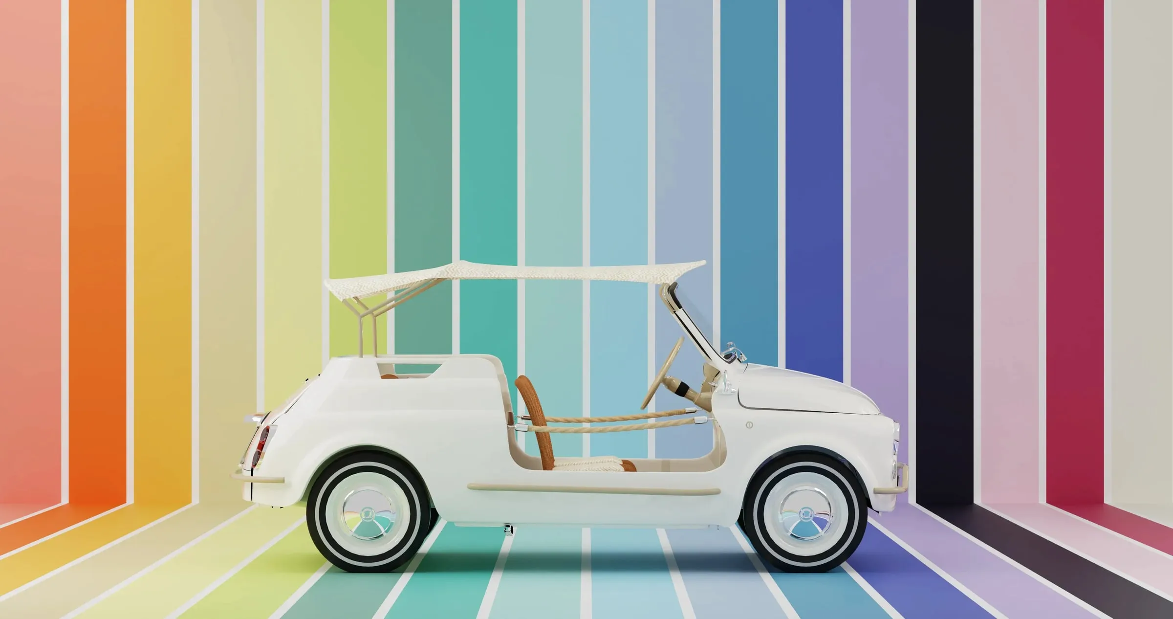 Fiat 500 Spiaggina blanco, visto de lado, delante de un fondo de franjas verticales de colores que van del naranja al violeta