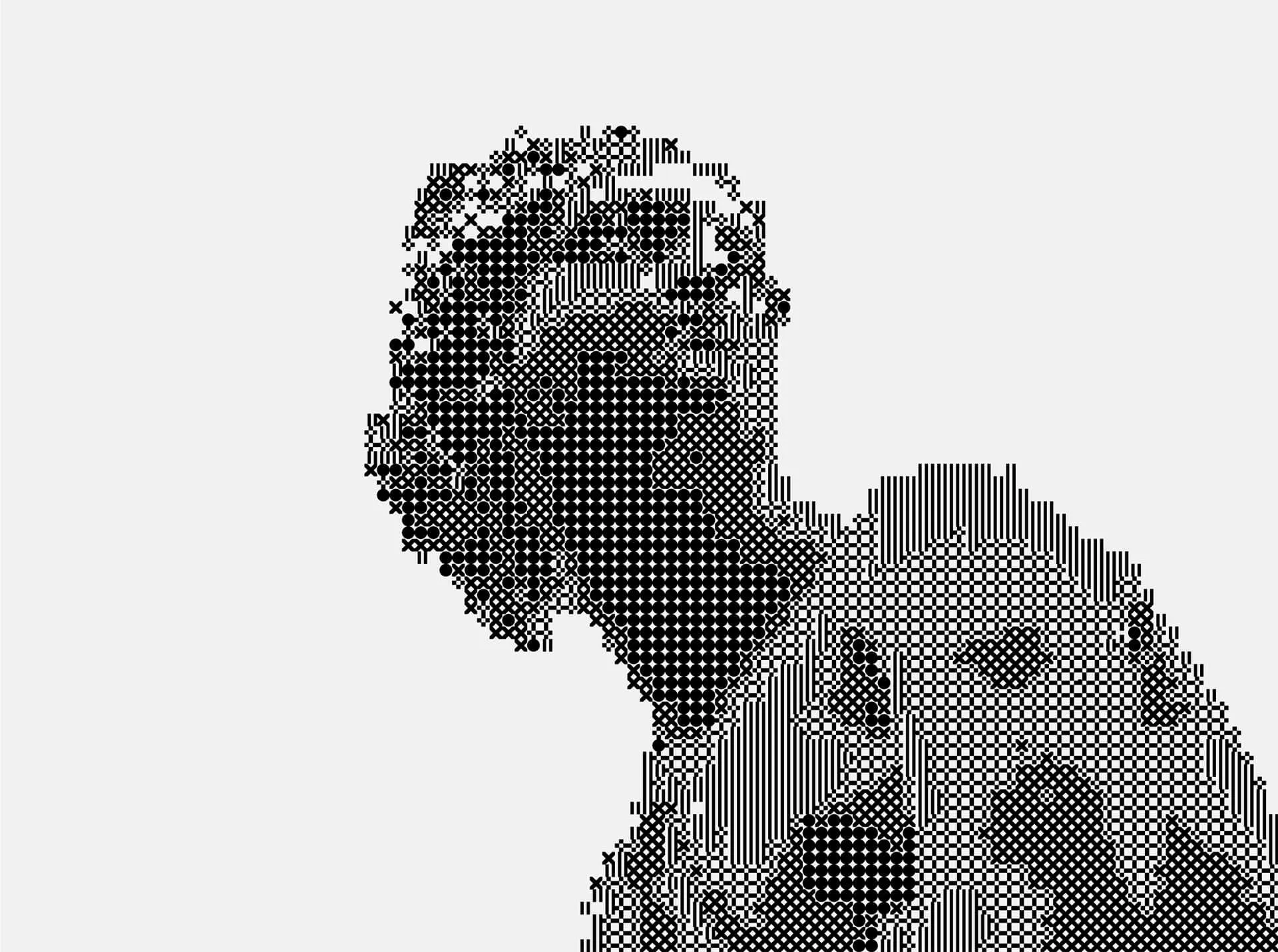 Retrato en blanco y negro compuesto por píxeles y glifos de código —— sobre un fondo blanco